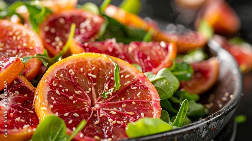 Sumptuous close view of a red blood orange salad, citrus freshness captured in detail, elegantly isolated under studio lighting Sumptuous close view of a red blood orange salad, citrus freshness captured in detail, elegantly isolated under studio lighting