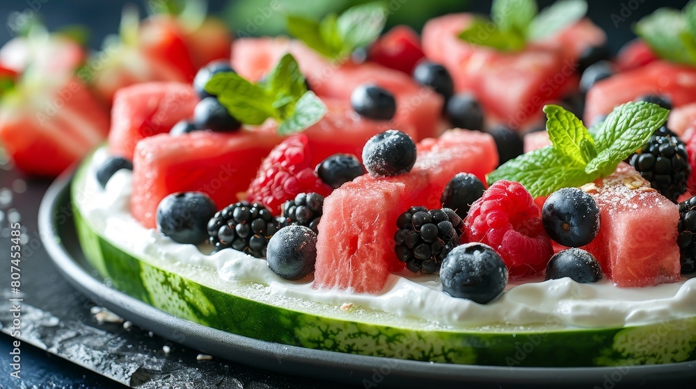 Sumptuous close-up of watermelon pizza, yogurt and fresh berries on top, expertly lit and isolated for vibrant visual appeal Sumptuous close-up of watermelon pizza, yogurt and fresh berries on top, expertly lit and isolated for vibrant visual appeal