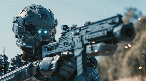 SWAT robot officer engaging targets at an outdoor range, close-up under the broad daylight, emphasizing advanced robotics photo