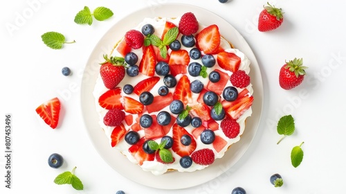 Summery top view of a watermelon pizza, creamy yogurt and vibrant berries topping, showcased on an isolated white background