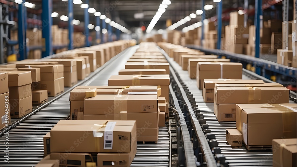 A close-up of numerous cardboard box parcels in a warehouse fulfillment center, showing automation, merchandise, e-commerce, and delivery flowing smoothly along a conveyor belt. A close-up of numerous cardboard box parcels in a warehouse fulfillment center, showing automation, merchandise, e-commerce, and delivery flowing smoothly along a conveyor belt.