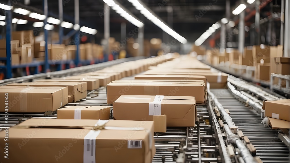 A close-up of numerous cardboard box parcels in a warehouse fulfillment center, showing automation, merchandise, e-commerce, and delivery flowing smoothly along a conveyor belt. A close-up of numerous cardboard box parcels in a warehouse fulfillment center, showing automation, merchandise, e-commerce, and delivery flowing smoothly along a conveyor belt.