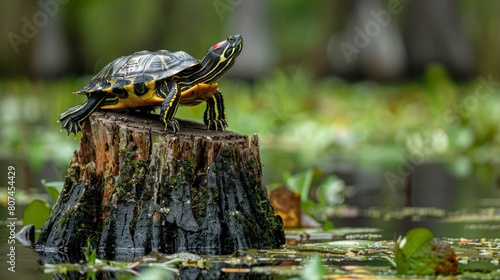 Close-up of a resting yellow-bellied slider turtle on a cypress stump, highlighted by the natural setting of Greenfield Lake photo