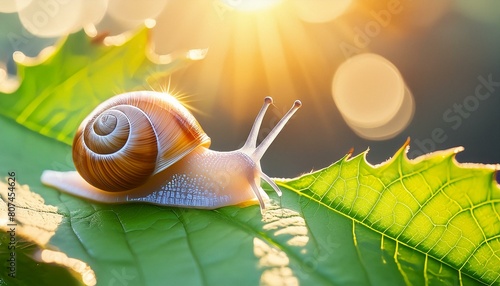 A snail with a shiny spiral shell crawls along a leaf out in the sunshine. A closeup macro nature shot.