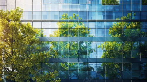 Sustainable glass office building with trees for reducing heat and carbon dioxide. Office building with green environment. copy space for text.