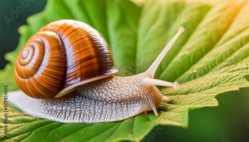 A macro closeup shot of a snail on a leaf outside in nature on a sunny day. 