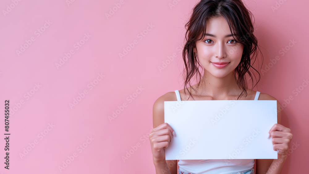 Japanese woman holding empty sign for mock up text for advertisement Japanese woman holding empty sign for mock up text for advertisement