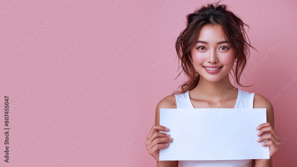 Japanese woman holding empty sign for mock up text for advertisement Japanese woman holding empty sign for mock up text for advertisement