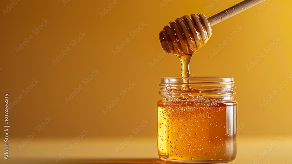 A glass jar with a lid with honey and honey stirring stick made with Ai generative technology A glass jar with a lid with honey and honey stirring stick made with Ai generative technology