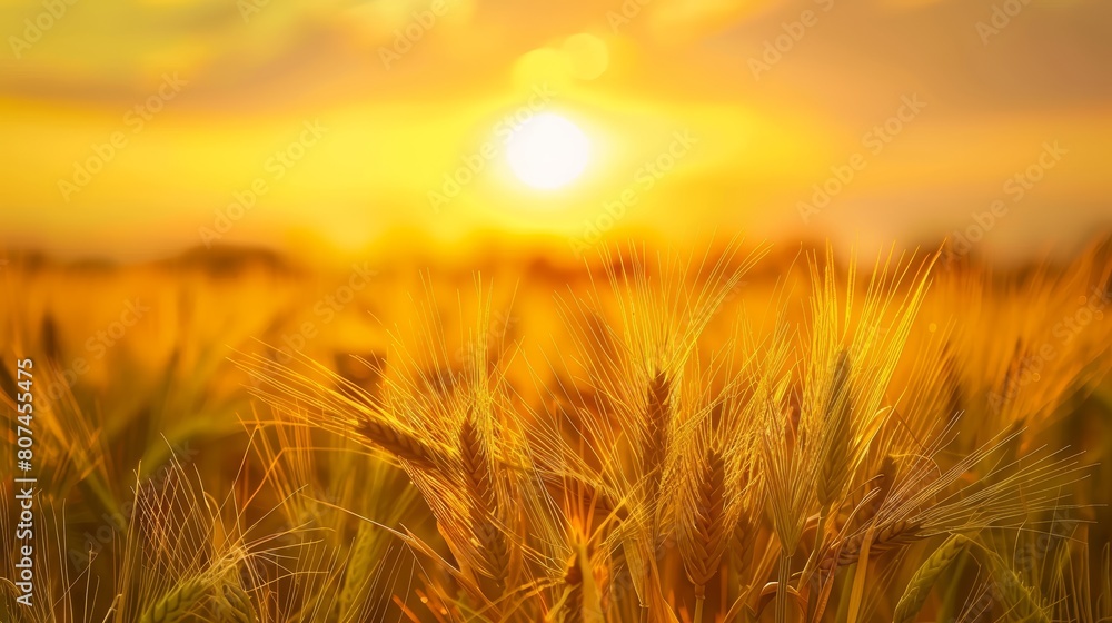 Barley field under a stunning sunset, the sky a brilliant yellow, close-up on the waving barley creating a peaceful scene Barley field under a stunning sunset, the sky a brilliant yellow, close-up on the waving barley creating a peaceful scene