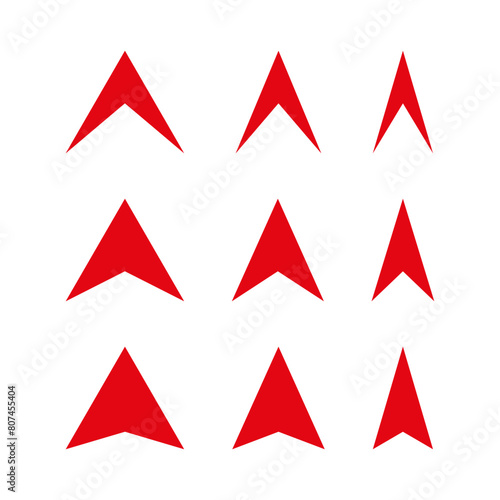 Red arrowheads set. Vector directional symbols. Upward pointing navigational icons.