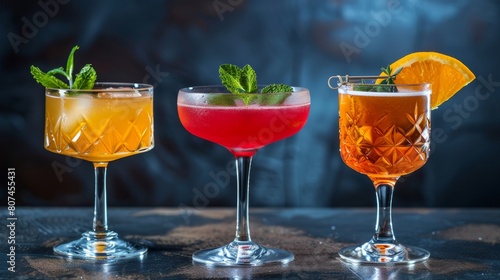 A trio of vibrant cocktails, perfectly arranged in elegant glassware against a pitch-dark background, highlighted by studio lights