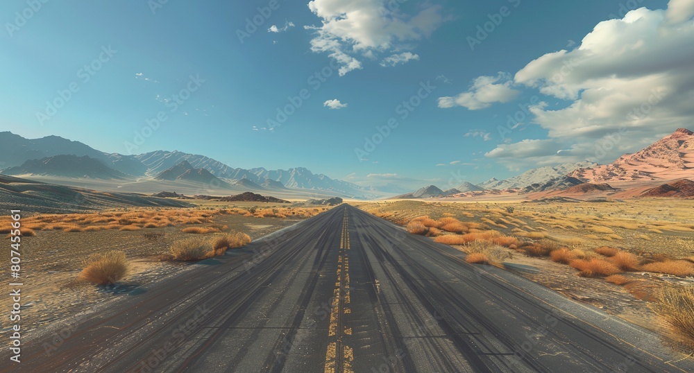 a long road in the middle of a desert with mountains in the background and a blue sky with clouds..