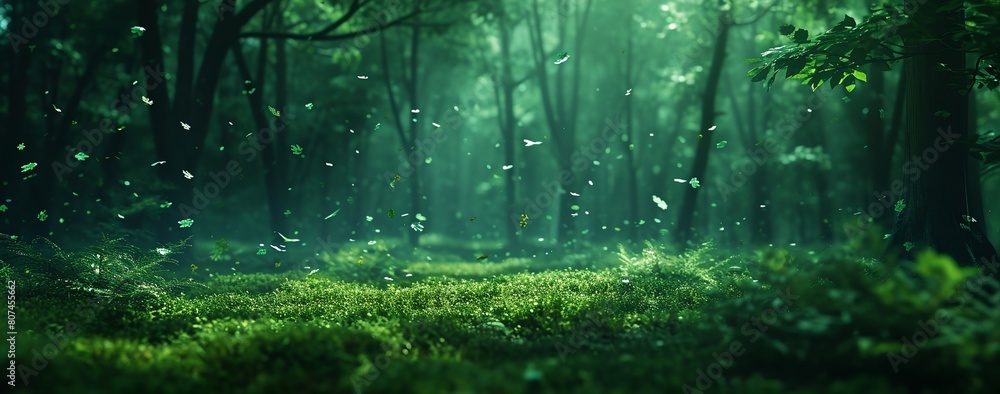 Obraz premium a forest with lots of green leaves flying in the air and a lot of trees in the background