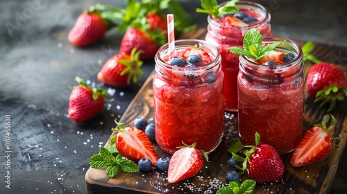 a couple of jars filled with fruit on top of a table with strawberries and blueberries on top..