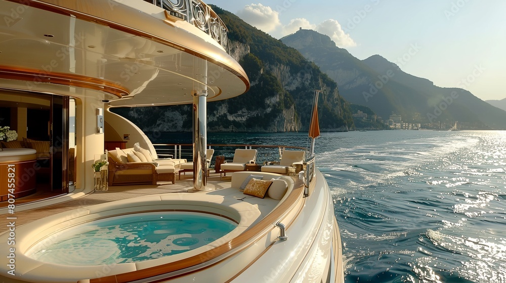 a hot tub on a boat in the water near mountains