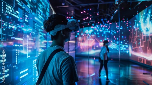 Person using VR headset amidst vibrant digital displays and futuristic lights. Created with Generative AI