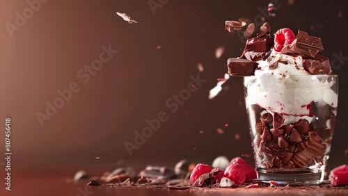 Dessert glass filled with whipped cream, chocolate chunks, and raspberries pieces mid-air