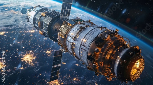 Detailed image of a modern space station with intricate designs, hovering over Earth's atmosphere, captured from a close angle