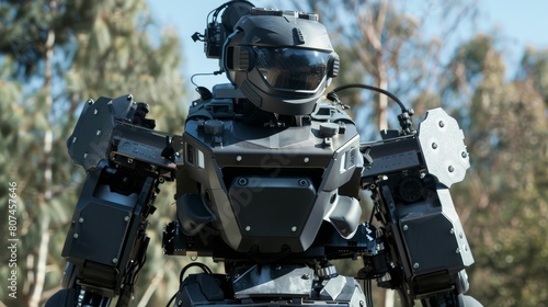 Daytime training of a SWAT robot at an outdoor range, close-up showcasing its sophisticated design and operational capabilities