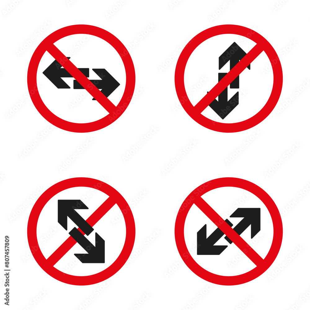 No directional arrows sign. Prohibited turn symbols. Red and black navigation icons. No directional arrows sign. Prohibited turn symbols. Red and black navigation icons.