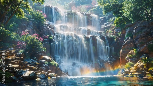 A cascading waterfall surrounded by lush greenery in a peaceful forest or park photo