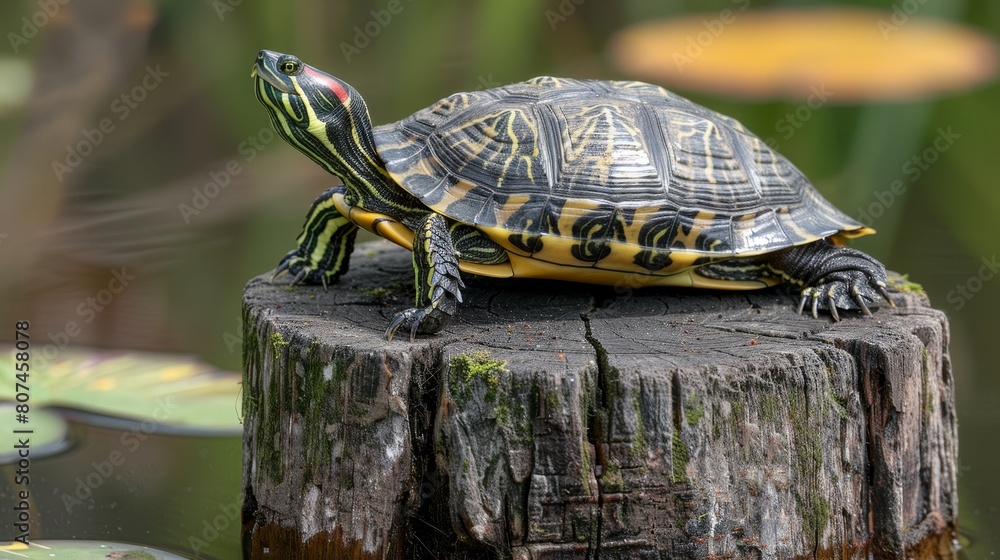 Close view of a yellow-bellied slider turtle on a wooden stump at Greenfield Lake, focusing on the interplay of textures and natural hues Close view of a yellow-bellied slider turtle on a wooden stump at Greenfield Lake, focusing on the interplay of textures and natural hues