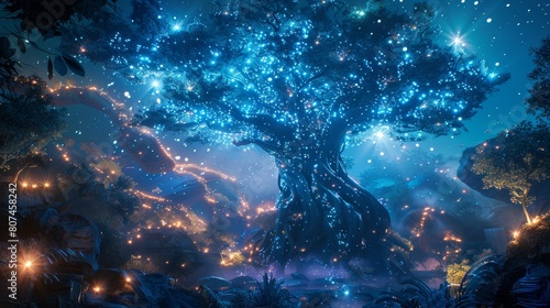Close view of a towering tree in a futuristic enchanted forest, with lights and digital enhancements creating a magical scene