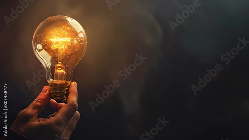 Hand holding illuminated light bulb against dark background with glowing effect photo