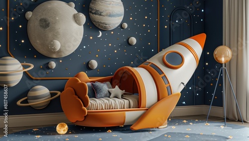 Surrounded by planets and moons, the baby drifts off to sleep in a crib shaped like a rocket ship. photo