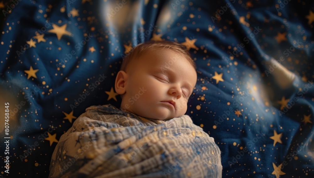 Wrapped in a blanket adorned with the Milky Way, the baby drifts off to ...