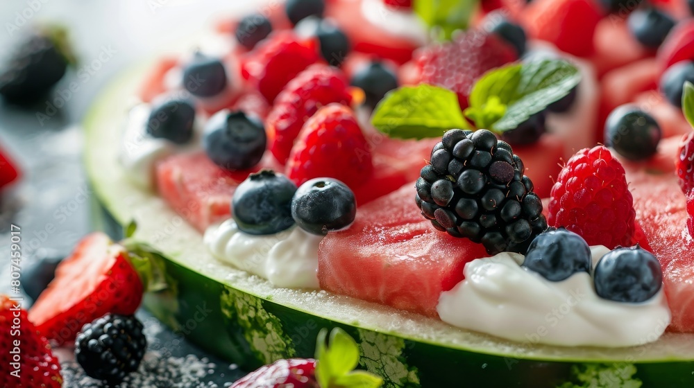 Close-up shot of a watermelon pizza with creamy yogurt and assorted fresh berries, highlighted on an isolated background Close-up shot of a watermelon pizza with creamy yogurt and assorted fresh berries, highlighted on an isolated background