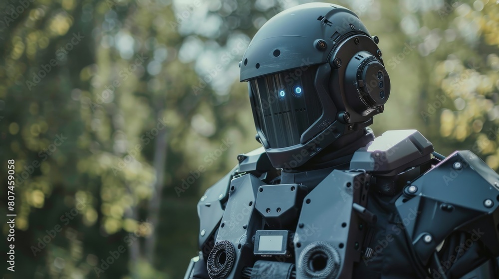 Close-up on SWAT robot officer during tactical training outdoors, showcasing robotic agility and technology in daylight Close-up on SWAT robot officer during tactical training outdoors, showcasing robotic agility and technology in daylight