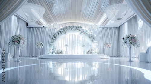 Close-up on the intricate details of a circular wedding stage with a futuristic design in white and silver  inside a spacious hall