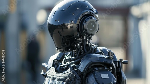 Close-up on SWAT robot officer during tactical training outdoors, showcasing robotic agility and technology in daylight