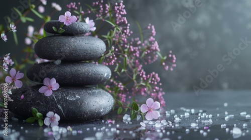 A stack of stones with pink flowers on top of them. Generative AI.