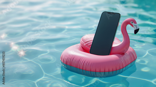 Smartphone on inflatable flamingo mattress floating in swimming pool at summer vacation. Mobile phone mockup with blank screen. Travel app advertising