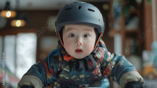 A baby in a helmet on a snowboard with a smile. Generative AI.