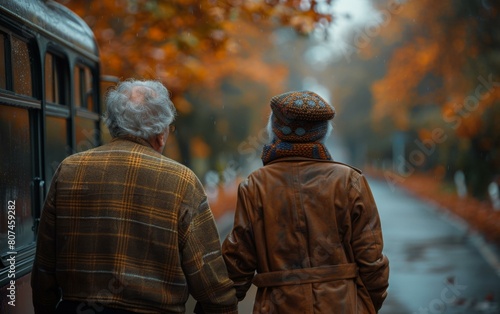 An elderly man and woman walking down a road in the rain. Generative AI.