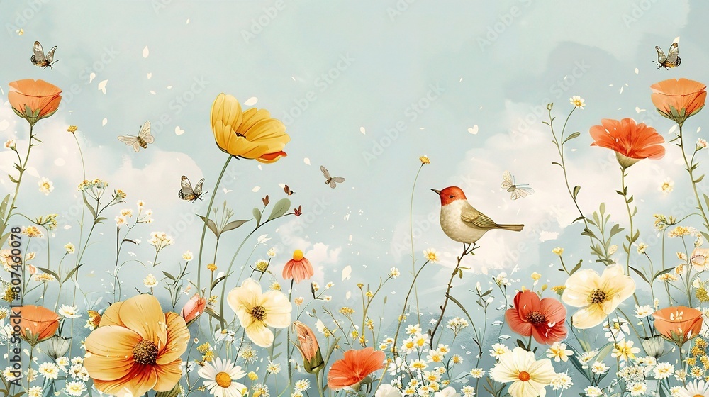 spring banner adorned with whimsical illustrations of blooming flowers, buzzing bees, and chirping bird
