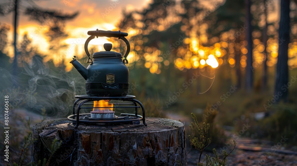 Detailed view of a kettle over a gas stove in a lush forest setting, on a cypress wood stump under a yellow-tinted sky at dusk