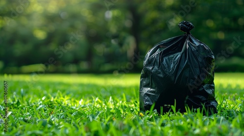 Detailed view of a black garbage sack on vibrant green grass, focusing on the contrast and textures photo