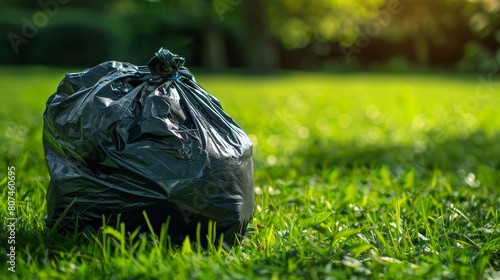 Detailed view of a black garbage sack on vibrant green grass, focusing on the contrast and textures photo