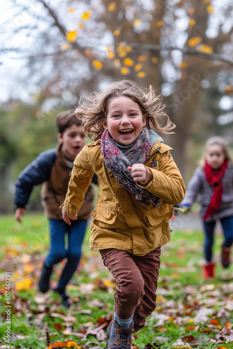 A group of children are running in a park, with one girl wearing a scarf