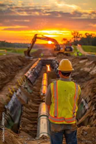 A man in a yellow safety vest stands in front of a large construction site