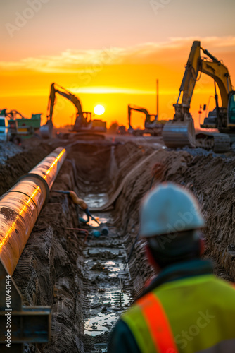A man in a safety vest looks down at a trench with a pipeline