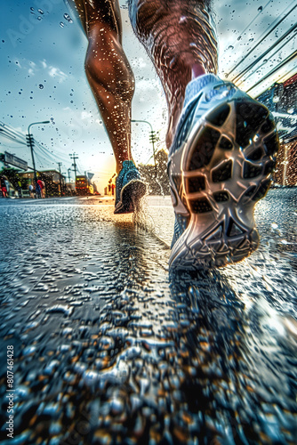 A man is running in the rain with his feet splashing water (ID: 807461428)
