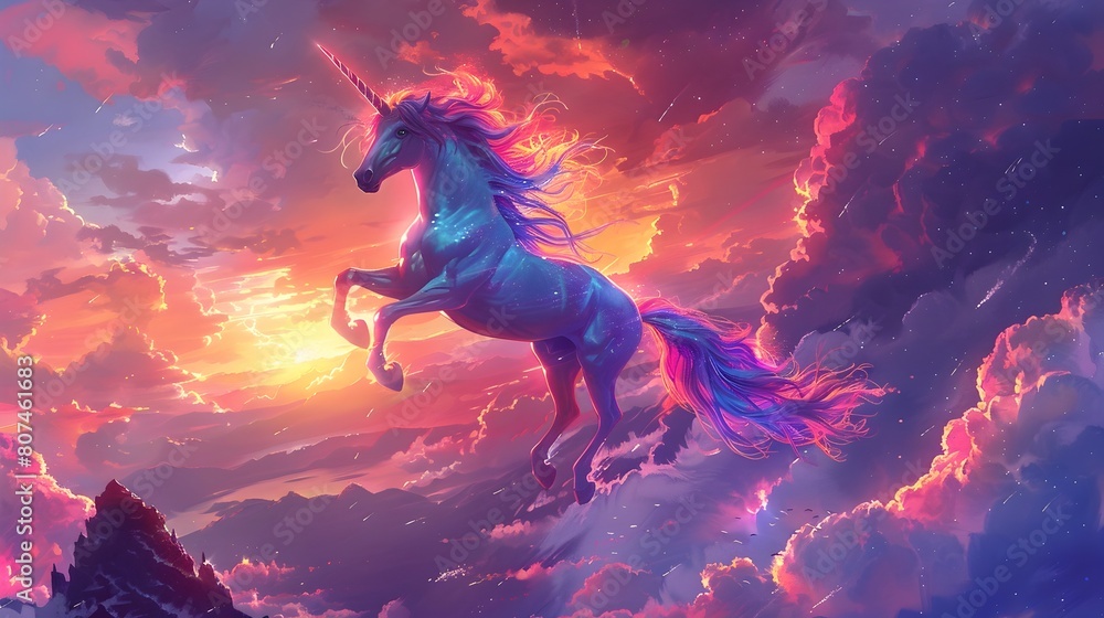 Awe Inspiring Mythical Unicorn Leaping Through Vibrant Sunset Landscape with Majestic Clouds and Mountains