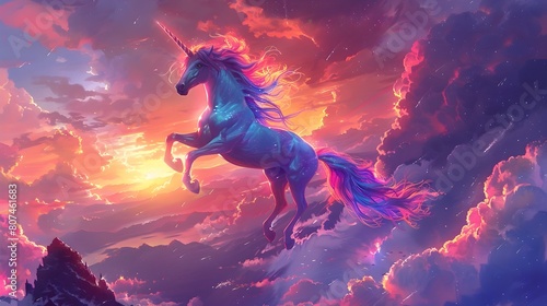 Awe Inspiring Mythical Unicorn Leaping Through Vibrant Sunset Landscape with Majestic Clouds and Mountains photo