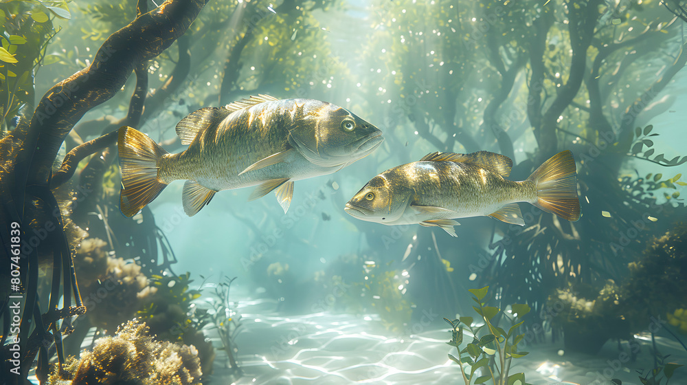 Vibrant Photo Realistic Image of Fish Swimming in Intricate Mangrove Channels, Showcasing Nursery Function for Young Marine Life - Stock Photo Concept Vibrant Photo Realistic Image of Fish Swimming in Intricate Mangrove Channels, Showcasing Nursery Function for Young Marine Life - Stock Photo Concept